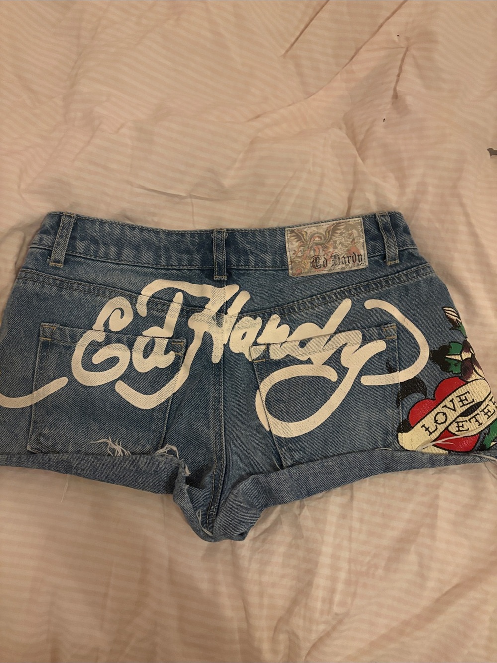 Ed Hardy Blue Denim Shorts with White Logo and Colorful Patch